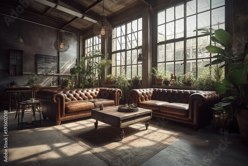 Loft Industrial Living Room Interior with panoramic Windows. Leather Sofa and Home Plants. Evening light © vladdeep