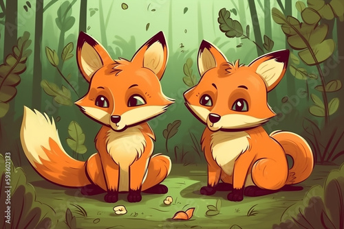 Two Fox Babies Sitting Together In A Green Garden Generative Ai Digital Illustration Part#170423