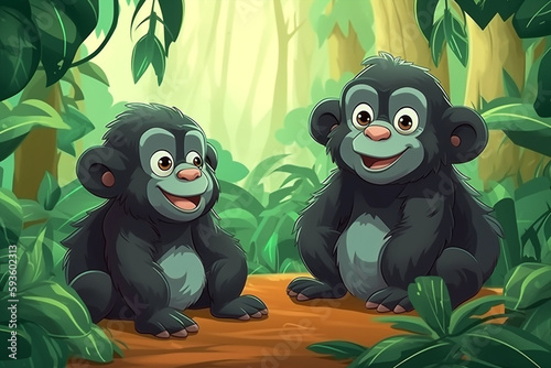 Two Gorilla Babies Sitting Together In A Green Garden Generative Ai Digital Illustration Part 170423