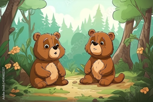Two Grizzly Bear Babies Sitting Together In A Green Garden Generative Ai Digital Illustration Part#170423
