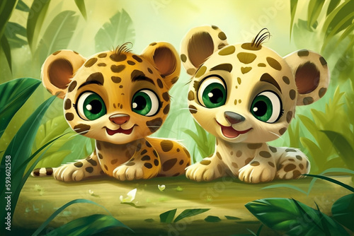 Two Jaguar Babies Sitting Together In A Green Garden Generative Ai Digital Illustration Part 170423