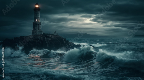 Old Lighthouse on Island in Stormy Ocean, In Night with moonlight. Generative AI © vladdeep