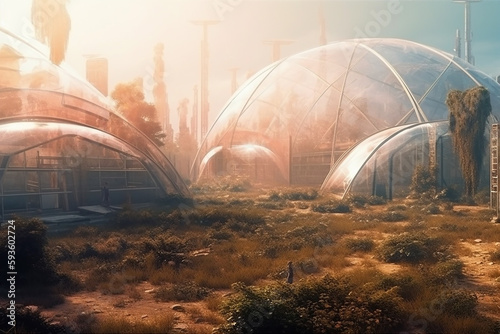 Mars outpost colony. Glass domes with Plants, colonization science fiction background. AI generative