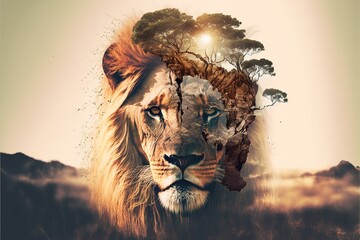 Foto auf Leinwand Löwe Modern design male lion with double exposure background of african jungle and savanna landscape as concept of the natural adventure and majestic wildlife animal. Superb Generative AI.  © InfiniteFlow