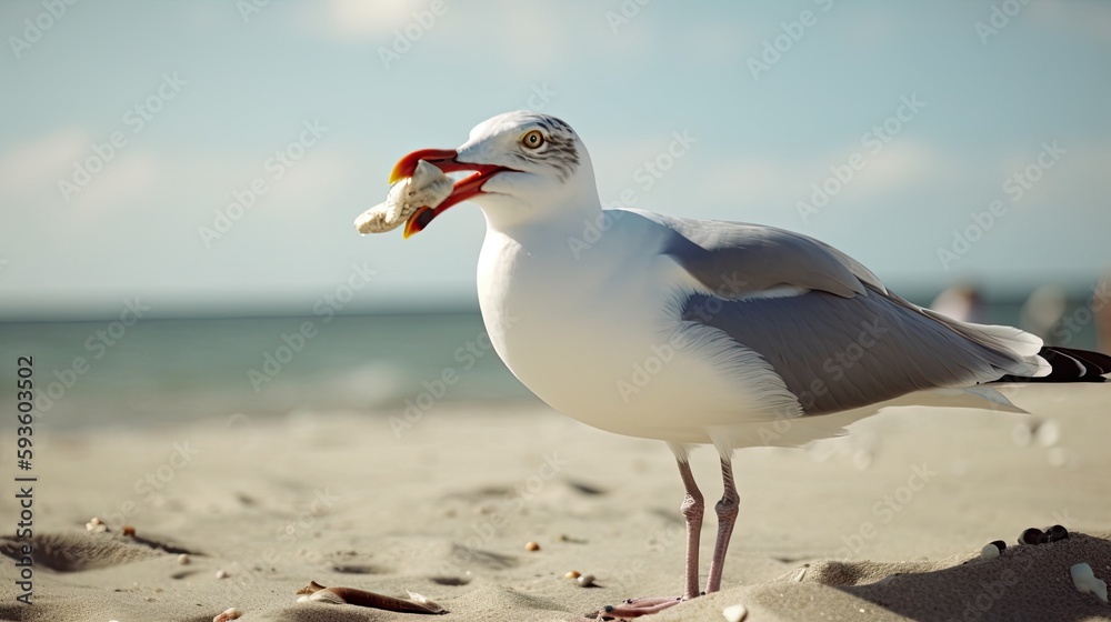 A beach scene with a seagull holding a clam in its beak. Generative AI