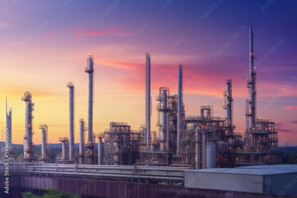 Oil​ refinery​ with oil storage tank and petrochemical​ plant industrial background at twilight, oil and gas industry - Generative AI