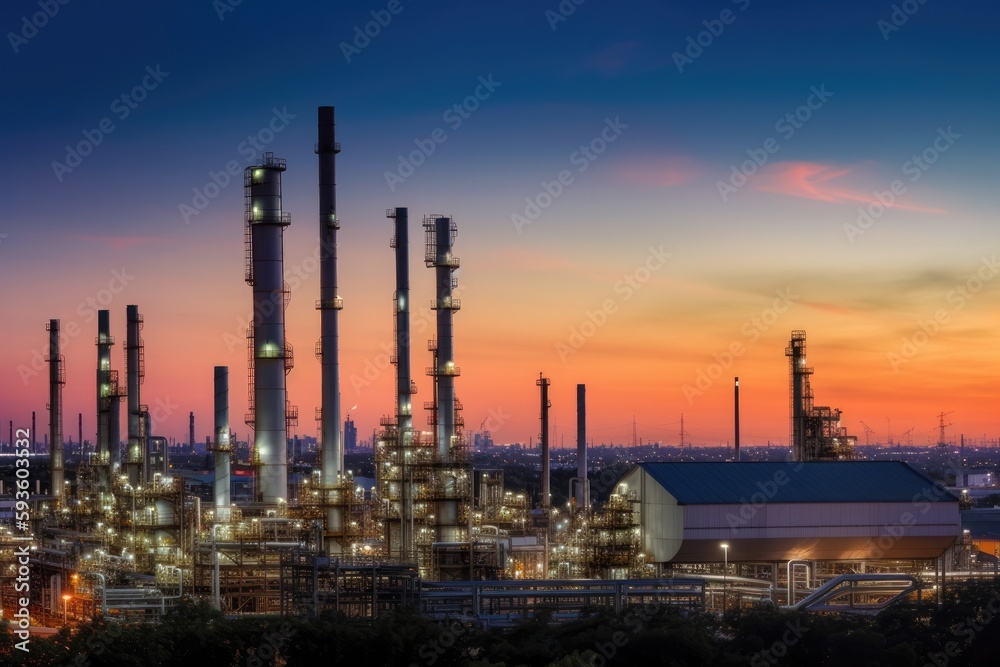 Oil​ refinery​ with oil storage tank and petrochemical​ plant industrial background at twilight, oil and gas industry - Generative AI