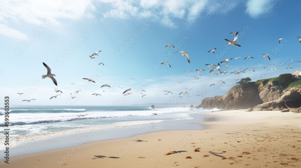 A beach scene with seagulls flying overhead. Generative AI