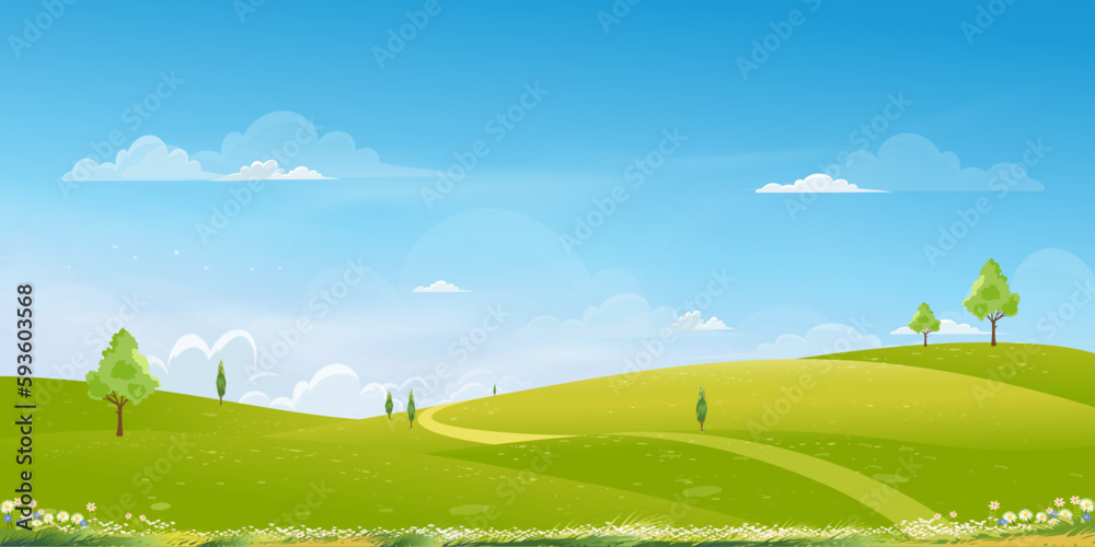 Obraz premium Spring Background with Green Grass Field Landscape with Mountain,Blue Sky and Clouds,Panorama Summer rural nature in with grass land on hill.Cartoon Vector illustration backdrop banner