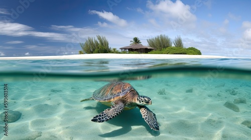 A beach scene with a sea turtle swimming in the water. Generative AI