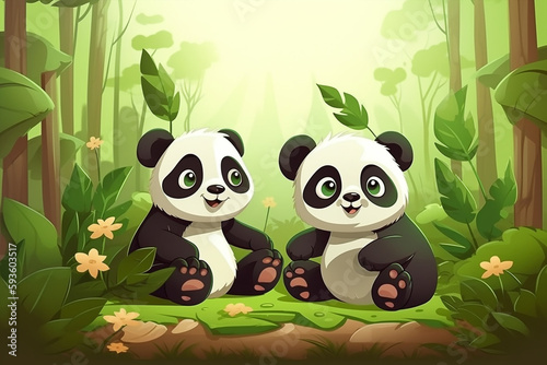 Two Panda Babies Sitting Together In A Green Garden Generative Ai Digital Illustration Part 170423