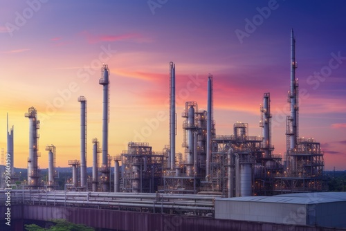 Oil    refinery    with oil storage tank and petrochemical    plant industrial background at twilight  oil and gas industry - Generative AI