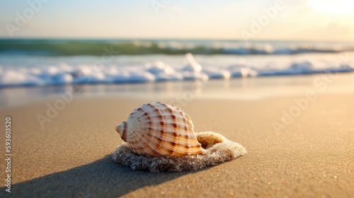 A beach scene with a seashell on a sandy beach. Generative AI