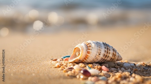 A beach scene with a seashell on a sandy beach. Generative AI