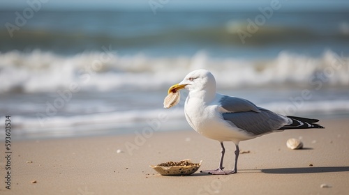 A beach scene with a seagull holding a clam in its beak. Generative AI