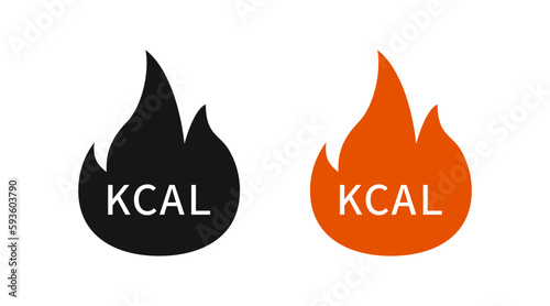 Kcal in the fire icon. Calorie burn symbol. Fitness signs. Diet symbols. Weight icons. Black, orange color. Vector sign.