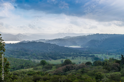 A view from the slopes of the Arenal volcano towards the Arenal lake in Costa Rica in the dry season
