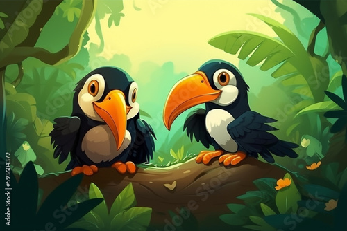 Two Toucan Babies Sitting Together In A Green Garden Generative Ai Digital Illustration Part#170423