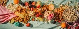 A flat lay image of beach snacks such as popcorn, pretzels, and fruit on a colorful beach blanket. Concept summer theme banner. Generative AI