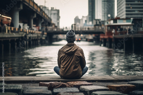 A man meditating on the riverbank. Finding Balance and Tranquility in the Heart of the City - created using Generative AI photo