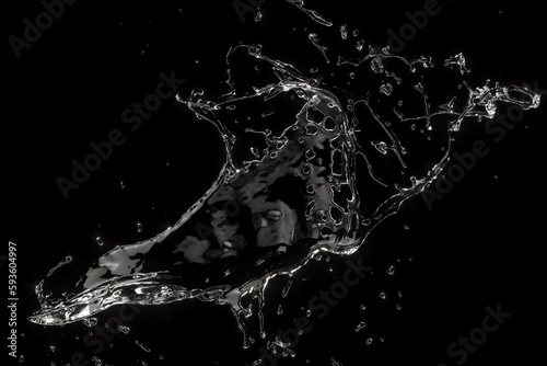 Closeup abstract water fluid splash isolated on black background. 3D Rendering.