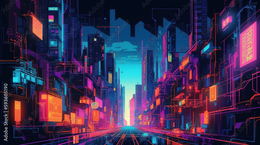 Fototapeta premium Nighttime lighting city road. Neon cyberpunk background. Futuristic radiance. Generative AI.