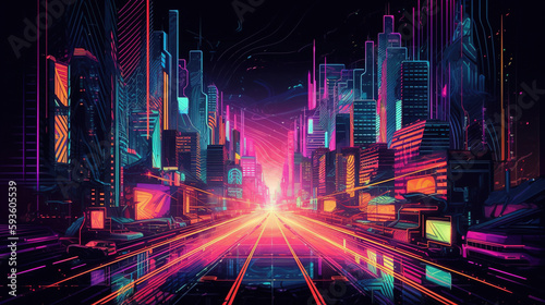 Nighttime lighting city road. Neon cyberpunk background. Futuristic radiance. Generative AI.