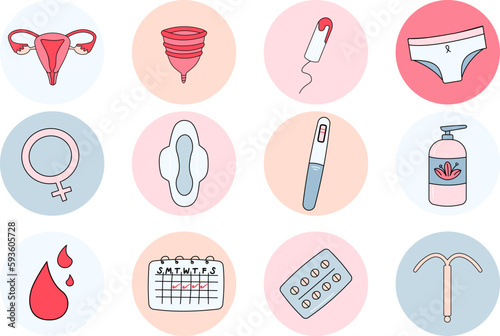 The menstrual cycle set with a menstrual cup, uterus, tampon, sanitary napkin, ovulation test, intrauterine spiral, menstrual calendar, soap, panty, and pills. 