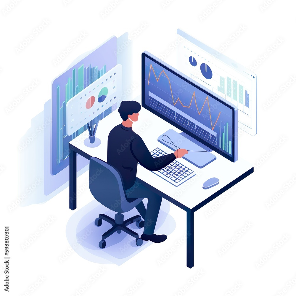 An illustration of a consultant analyzing data on a computer, representing data analysis and consulting services. An illustration of a consultant analyzing data on a computer, representing data analysis and consulting services.