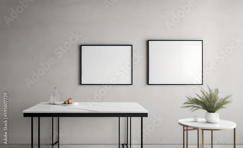 minimalist abstract marble table  empty picture frame  product presentation  living room  working desk