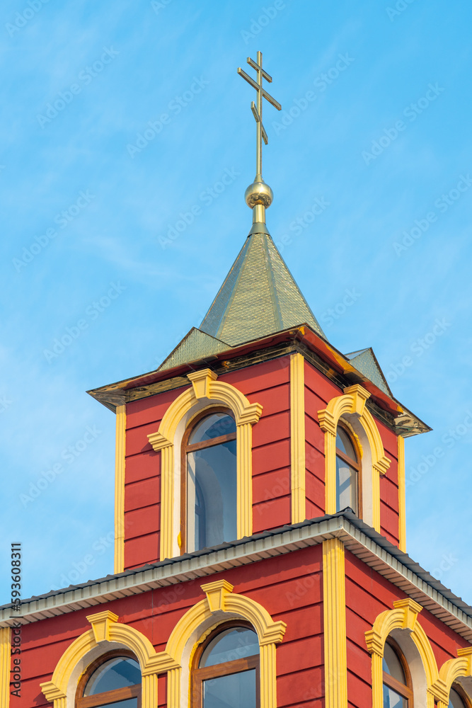 SHYMKENT, KAZAKHSTAN - JANUARY 24, 2023: Orthodox crosses on the temple in honor of the icon of the Kazan Mother of God, Kazakhstan SHYMKENT, KAZAKHSTAN - JANUARY 24, 2023: Orthodox crosses on the temple in honor of the icon of the Kazan Mother of God, Kazakhstan