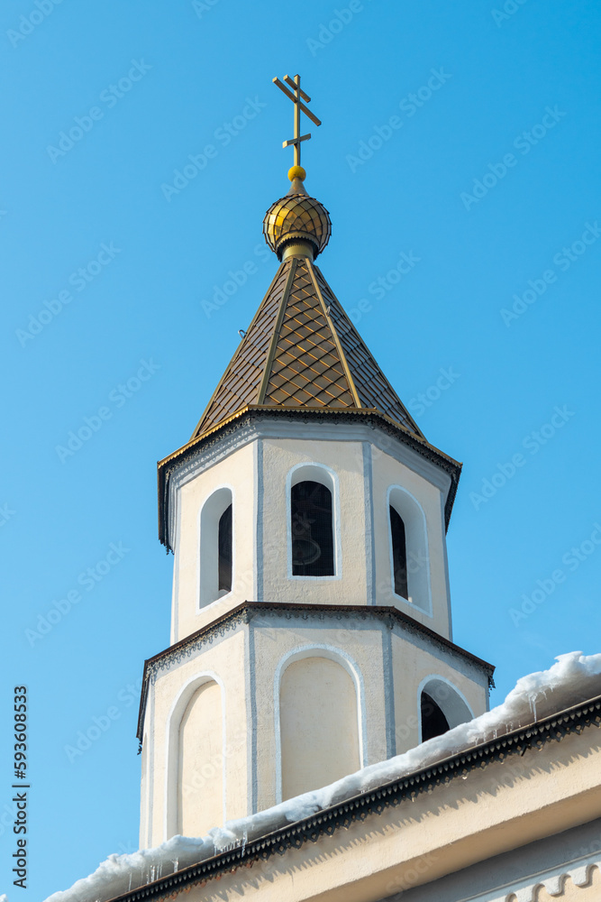 SHYMKENT, KAZAKHSTAN - JANUARY 24, 2023: Orthodox crosses on the temple in honor of the icon of the Kazan Mother of God, Kazakhstan SHYMKENT, KAZAKHSTAN - JANUARY 24, 2023: Orthodox crosses on the temple in honor of the icon of the Kazan Mother of God, Kazakhstan