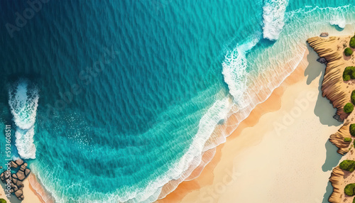 Aerial view of a sandy beach and a blue ocean water. Generative AI