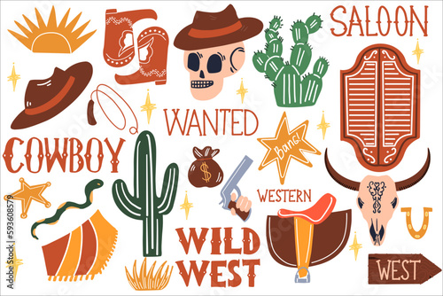 The set of vector illustrations of the wild West. Pictures of a western and a cowboy in a cartoon style.