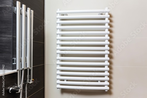 White towel dryer radiator with thermostat in bathroom