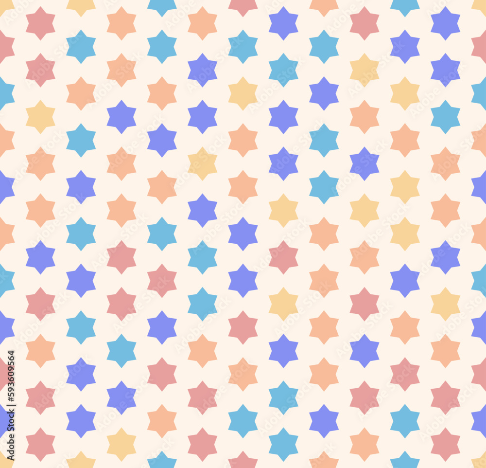 Abstract vector geometric seamless pattern with small colorful stars on white backdrop. Cute multicolored funky background texture. Simple ornament. Repetitive design for decor, wallpapers, print