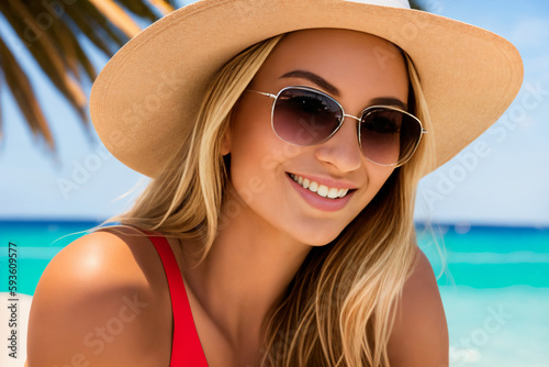 Happy young caucasian blonde woman beach portrait. Pretty beauty face of woman in bikini relaxing outside, spa, travel and vacation concept. Generative Ai.   © SOLOTU
