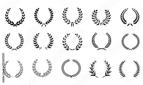 laurel wreath icon set, winner wreath, black laurel wreath from leaves on white background eps10