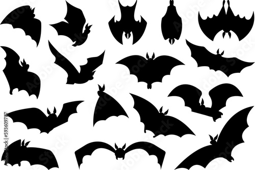 Flying bat black silhouettes, bats halloween symbols swarms. Creepy vampires, gothic horror graphic art. Isolated animals decent vector clipart