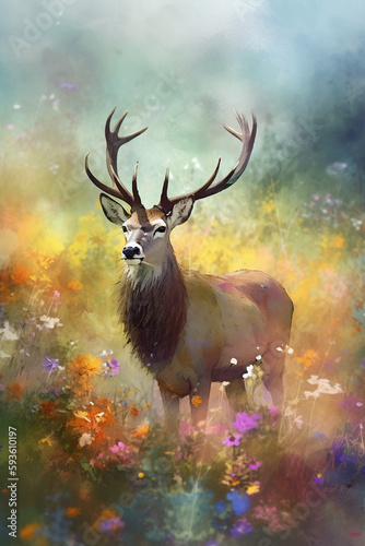 A Majestic Stag in the Misty Autumn Meadow: A Watercolor Painting © artefacti