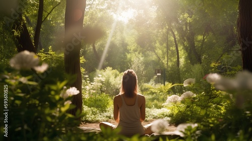 Print op canvas Woman practicing mindfulness meditation in a serene natural environment for mental health and self-care