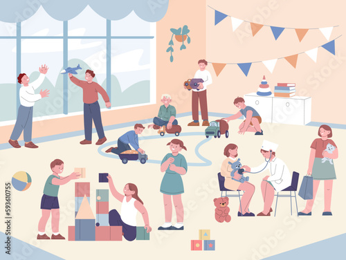 Children play in kindergarten. Doctor kid, montessori preschool for kids. Toddlers playing in nursery with toys and each other. Fun childhood kicky vector scene