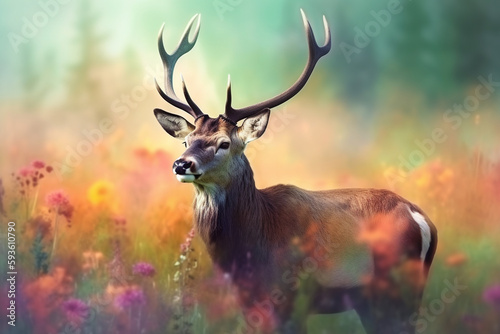A Majestic Stag in the Misty Autumn Meadow: A Watercolor Painting © artefacti