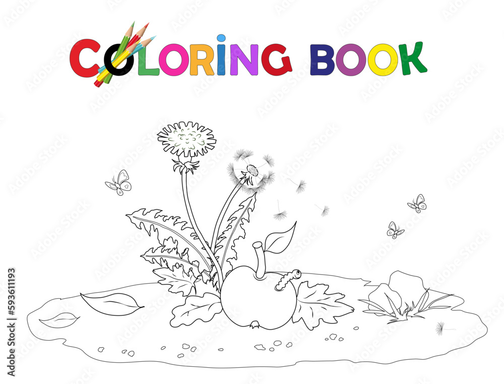 Malvorlage Löwenzahn, Pusteblume mit Apfel, Wurm, Schmetterlinge, Blätter und Steine,
Vektor Illustration isoliert auf weißem Hintergrund
