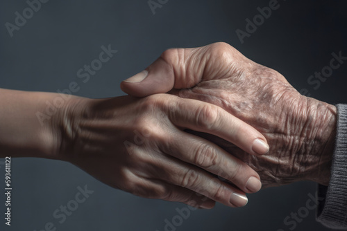 old hands and young hands on gray background