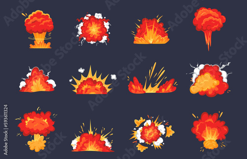 Cartoon bomb wave explosion, detonation and boom effect. Power symbol, superhero comic blast. Fire, atomic bang and smoke snugly vector set