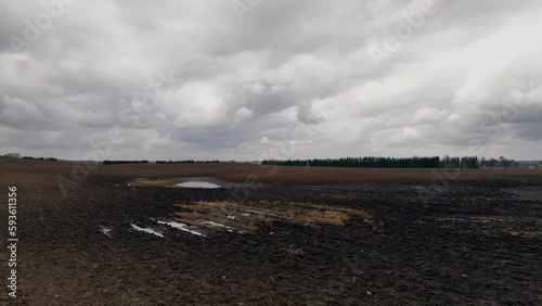Cloudy sky plowed field landscape spring season
