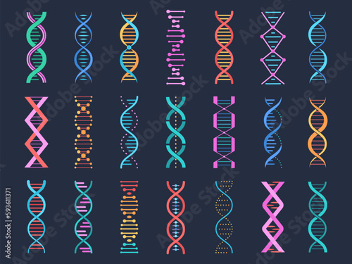 Dna pictogram symbols, gene shapes. Biological elements, genetic helix code research. Medical sequence genes, vibrant simple decent vector signs