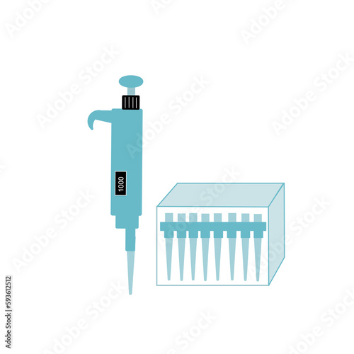The picture shows laboratory equipment : Autopipette and pipette tips for science research, medical testing or diagnosis.