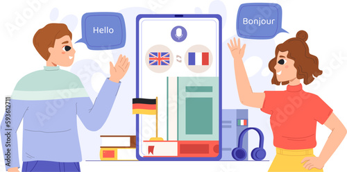 Digital language translator, international study and vocabulary training. University education application, foreign students snugly vector concept